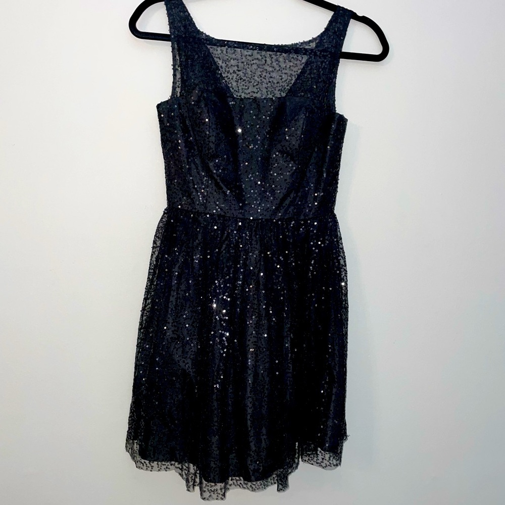 MXI Fancy Black Party Dress Size 3/4 Fit & Flare Semi Formal Sequins/Tulle